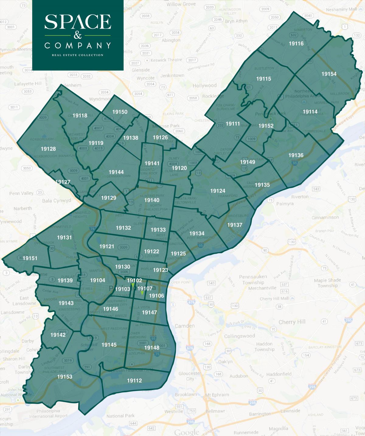карта околиць Філадельфії і zip коди